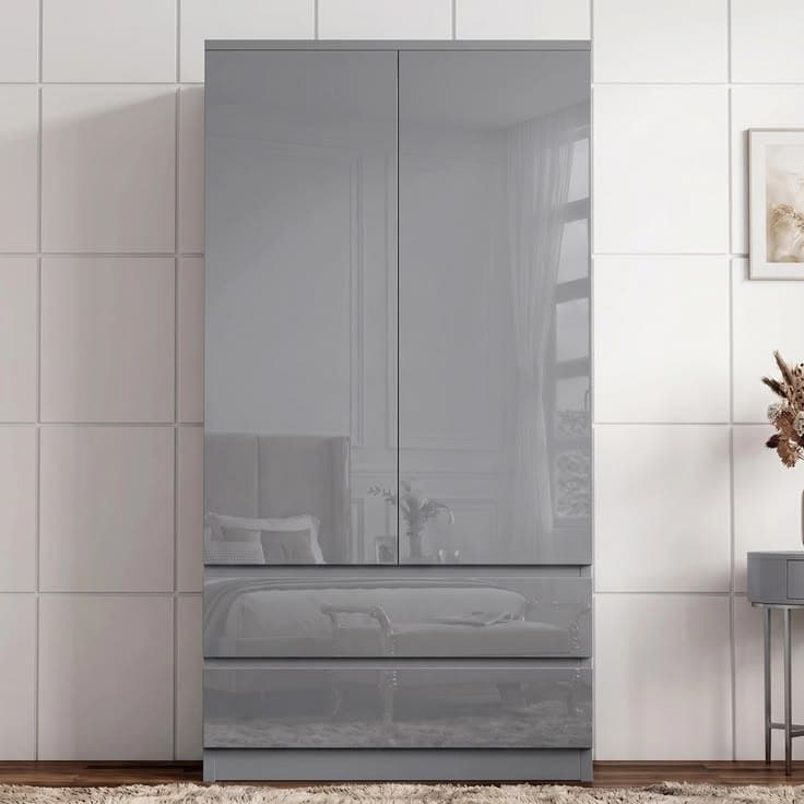 High Gloss 2-Door Wardrobe with 2 Drawers & Hanging Rail - Grey