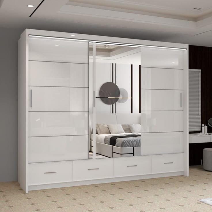 Desilets Modern High Gloss Sliding Wardrobe with Mirror & Drawers - White