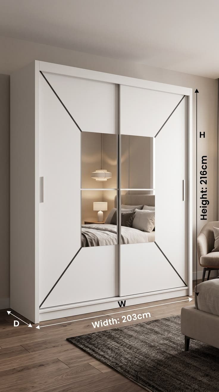 White 203cm Modern Geometric Mirrored Sliding Door Wardrobe