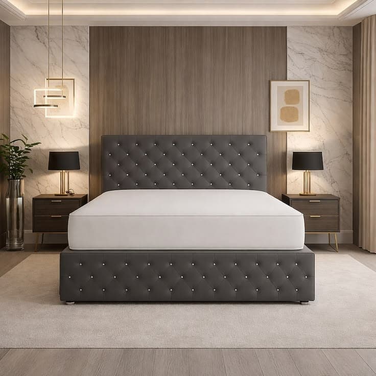 Grey Plush Chesterfield Upholstered Double Divan Bed with 2 Storage Drawers