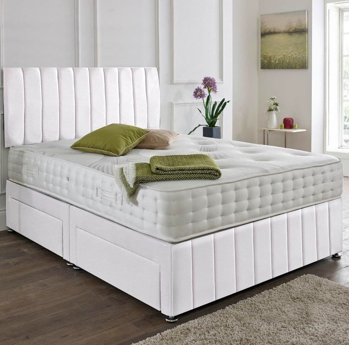 White Vertical Paneled Upholstered Divan Bed Set with Storage & Mattress