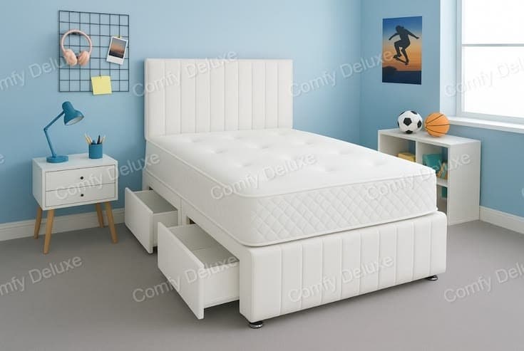 White Plush Single Divan Bed Set with Headboard, Footboard & 2 Drawers